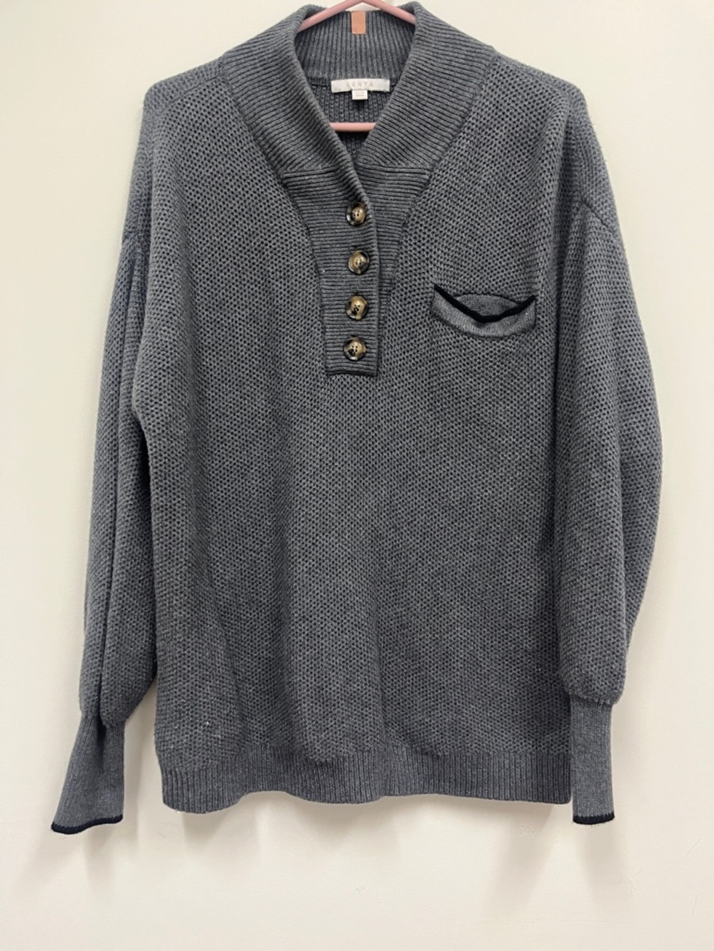 lunya Cottonsilk  Gray V-Neck  Pocket Henley Sweater size XS/S